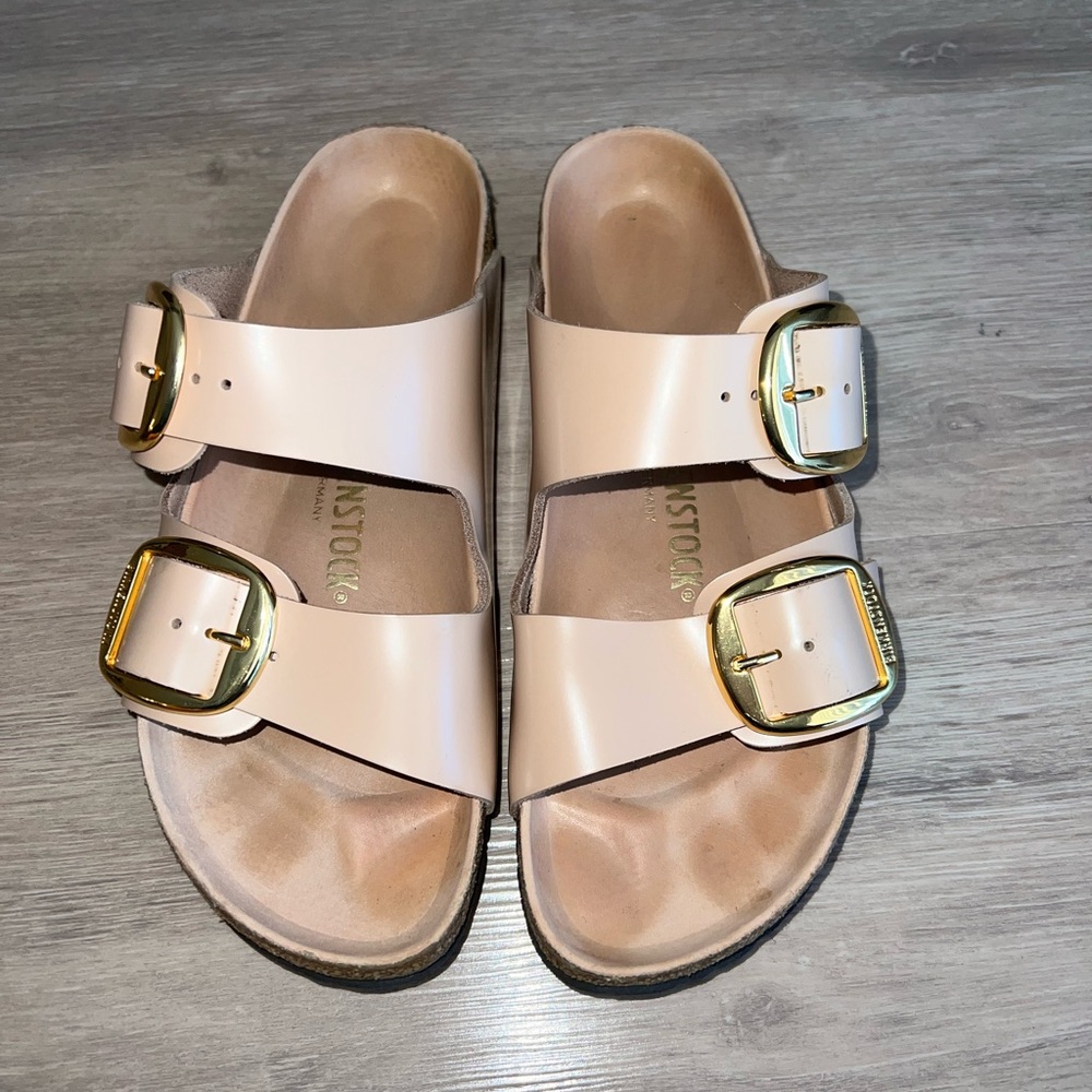 Birkenstock Arizona big buckle slide sandals sz 39/8 light rose with gold buckle
